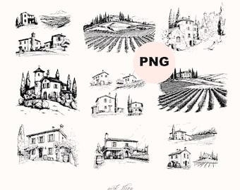 9 Vineyards landscape png, Vinery clipart,  Old Villa tuscan style, Sketch black and white, printable sticker, invitation, jpg sublimations