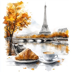 7 Paris clipart croissant café, scène d'automne Eiffel aquarelle, illustration de petit déjeuner boulangerie Français, téléchargement numérique, art mural, impressions