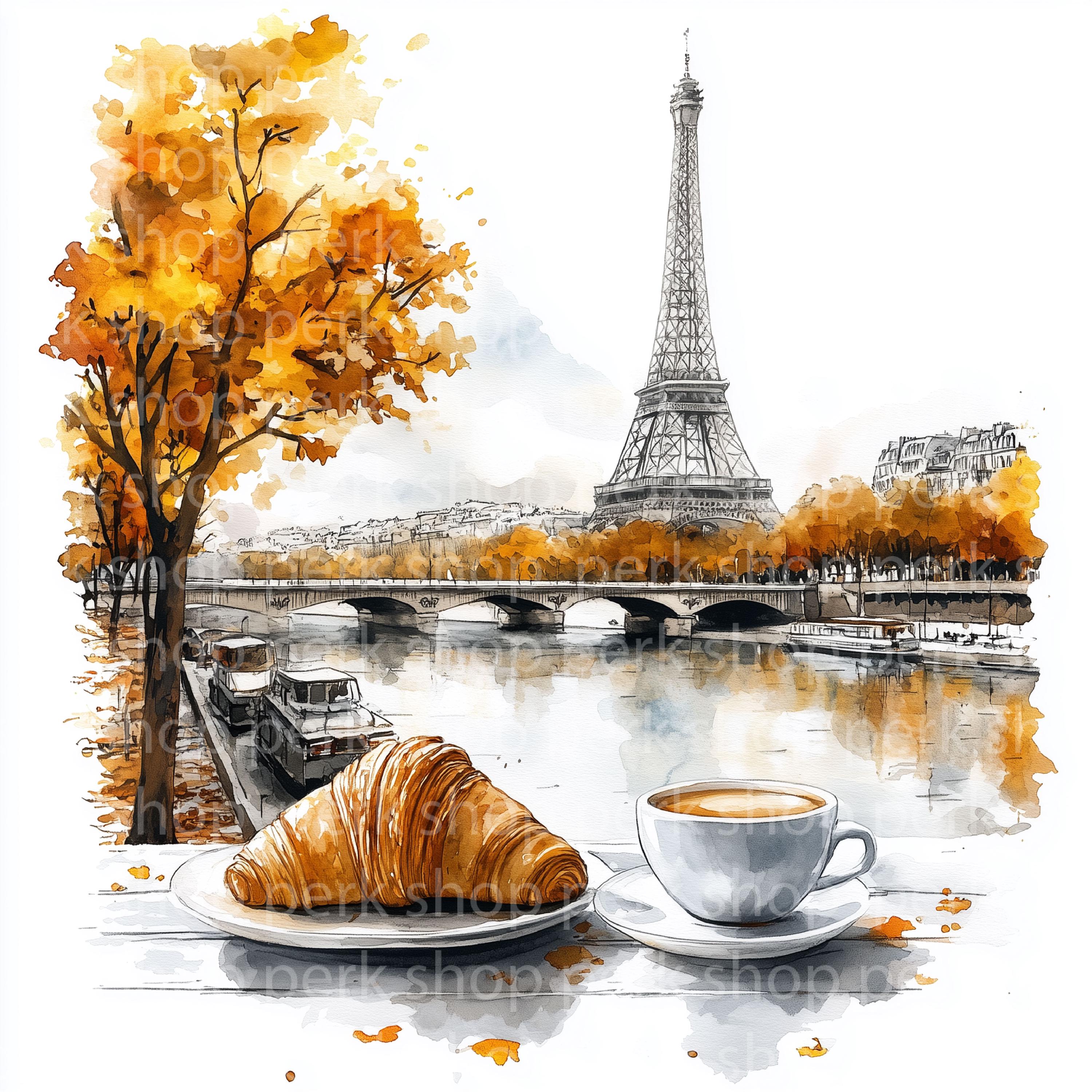 Paris Cafe Watercolor Clipart: Eiffel Tower, Coffee, Croissant