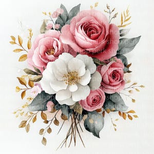 Ramo de 10 rosas clipart, clipart de flores de acuarela, varias flores, clipart botánico imprimible - invitación de boda, álbum de recortes, digital