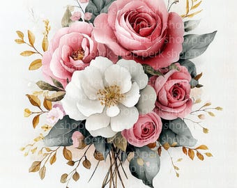 Watercolor Rose Bouquet Clipart: Botanical Wedding Invitation (Digital Download)