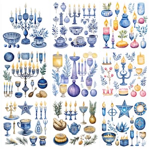 Clipart de Hanoucca, aquarelle menorah, étoile de David, religieux juif imprimable, papier artisanal, scrapbooking, JPG numériques, téléchargement de journal