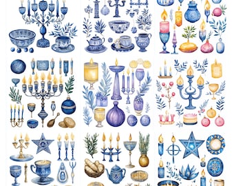 Hanukkah clipart, Watercolor Menorah, Star of David, Jewish religious printable,  craft paper, scrapbooking, digital JPGs, journal download