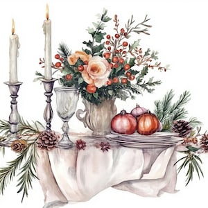 10 clipart de mesa de Natal, decoração de jantar de feriados em aquarela, arte vintage para impressão, papel para scrapbooking, cartão de artesanato, download digital, natal