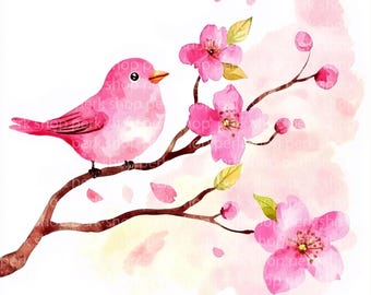 Bird on Cherry Blossom Branch Watercolor Clipart (Digital Download)