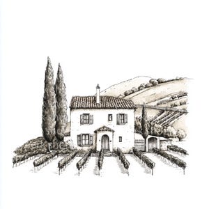 Rustiek oud wijngaardhuis illustraties - direct downloaden, afdrukbare handgetekende illustraties van wijnboerderij, schetsafbeeldingen, papier knutselen