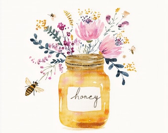 Floral Honey Jar Clipart: Watercolor Spring/Summer Wildflower Designs (JPG, Commercial Use