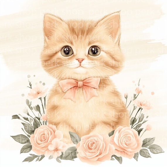 ヴィンテージ水彩子猫プリント - ピンクのバラ、花柄猫アート