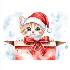 11 Gatto in una scatola clipart, cappello di Babbo Natale di Natale acquerello stampabile, download digitale, stampa carina Meow, adesivo Junk Journal, gattino rosso