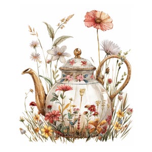 Può includere: Illustrazione ad acquerello di una teiera vintage con un design floreale. La teiera è circondata da fiori selvatici colorati ed erbe alte. La teiera ha un manico, un beccuccio e un pomello del coperchio dorati. L'estetica generale è morbida e romantica.