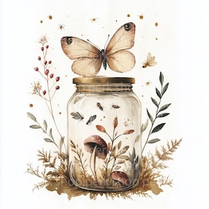 11 Magic Forest Jar clipart, boho-botanische producten en vlinder, herfst aquarel afdrukbare, hoge kwaliteit JPG, plakboekafbeeldingen, dagboek, kunst aan de muur