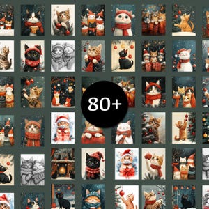 Lot d'impressions numériques chat de Noël - plus de 80 impressions d'art mural des fêtes, lot de décorations d'affiches, papier de scrapbooking, animaux de compagnie de dessins animés d'hiver, jpg 300 dpi