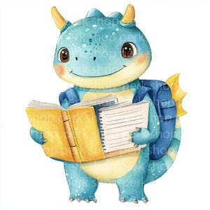13 clipart de dinossauros para a volta às aulas, mochila de dinossauro com livros, aquarelas para aprender, JPG de alta qualidade, downloads digitais, diário de artesanato