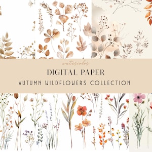 Pacote de papel digital aquarela de flores silvestres, conjunto de fundo rústico de outono, clipart floral e de folhas, download instantâneo, para impressão, papéis artesanais