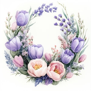 Clipart couronne de fleurs, clipart aquarelle tulipe, fleurs de printemps imprimables pour faire-part de mariage, papier artisanal, journal, album numérique