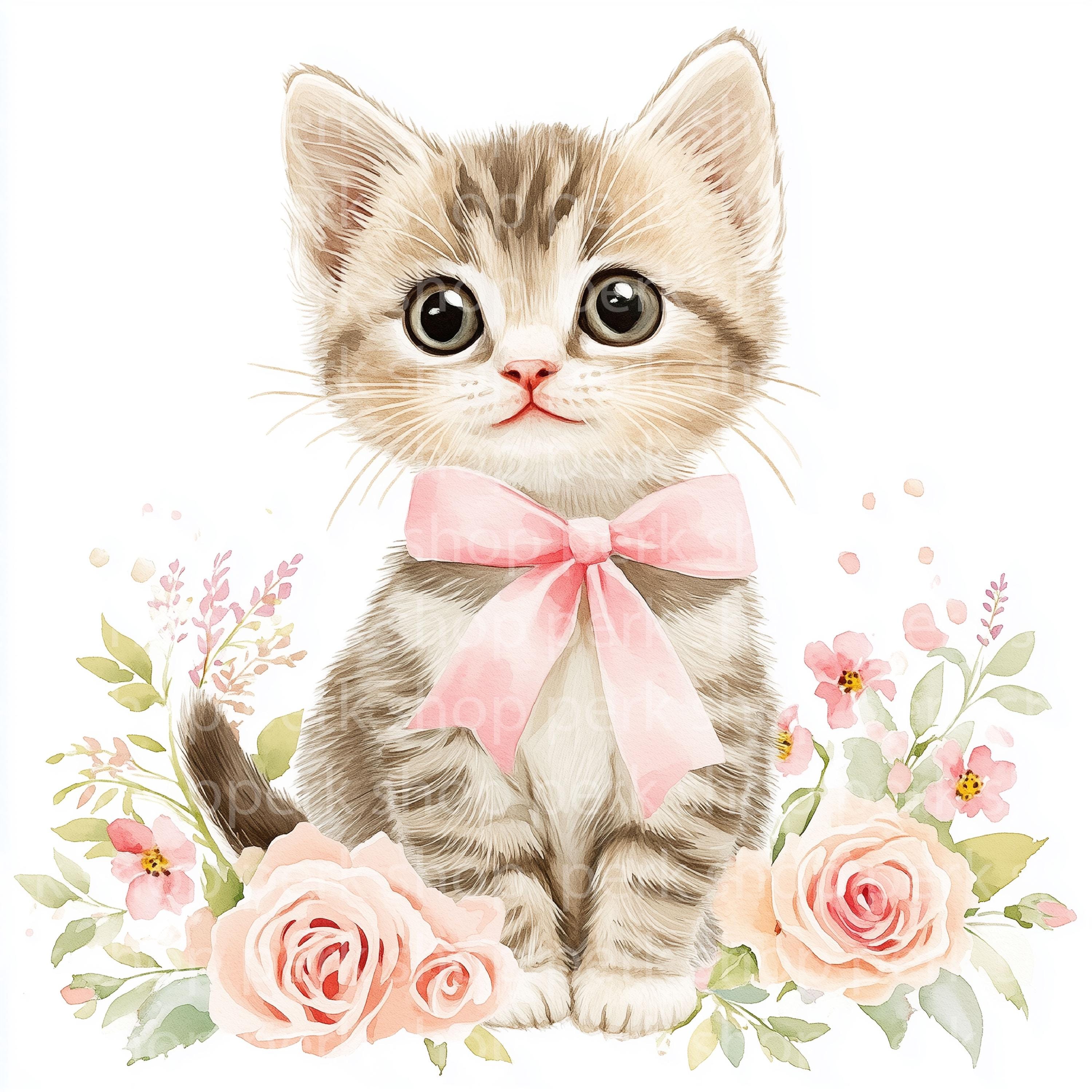 ヴィンテージ水彩子猫プリント - ピンクのバラ、花柄猫アート