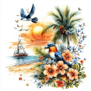 8 Clipart spiaggia tropicale, Clipart uccello tucano, Clipart acquerello stampabile, JPG di alta qualità, Download digitale, Carta artigianale, diario spazzatura