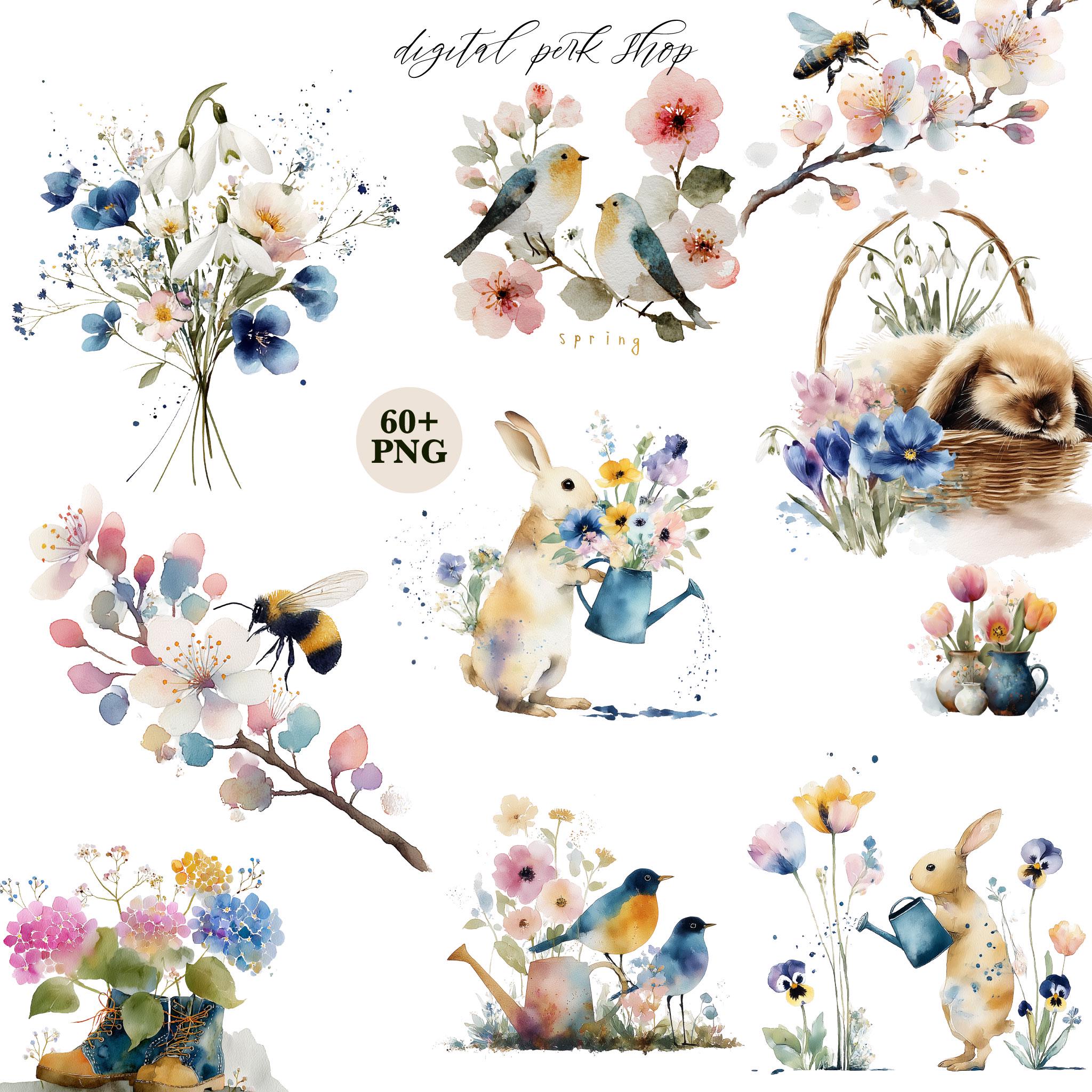 Spring Garden Clipart PNG, Easter Bunny Clipart, Watercolor Spring ...