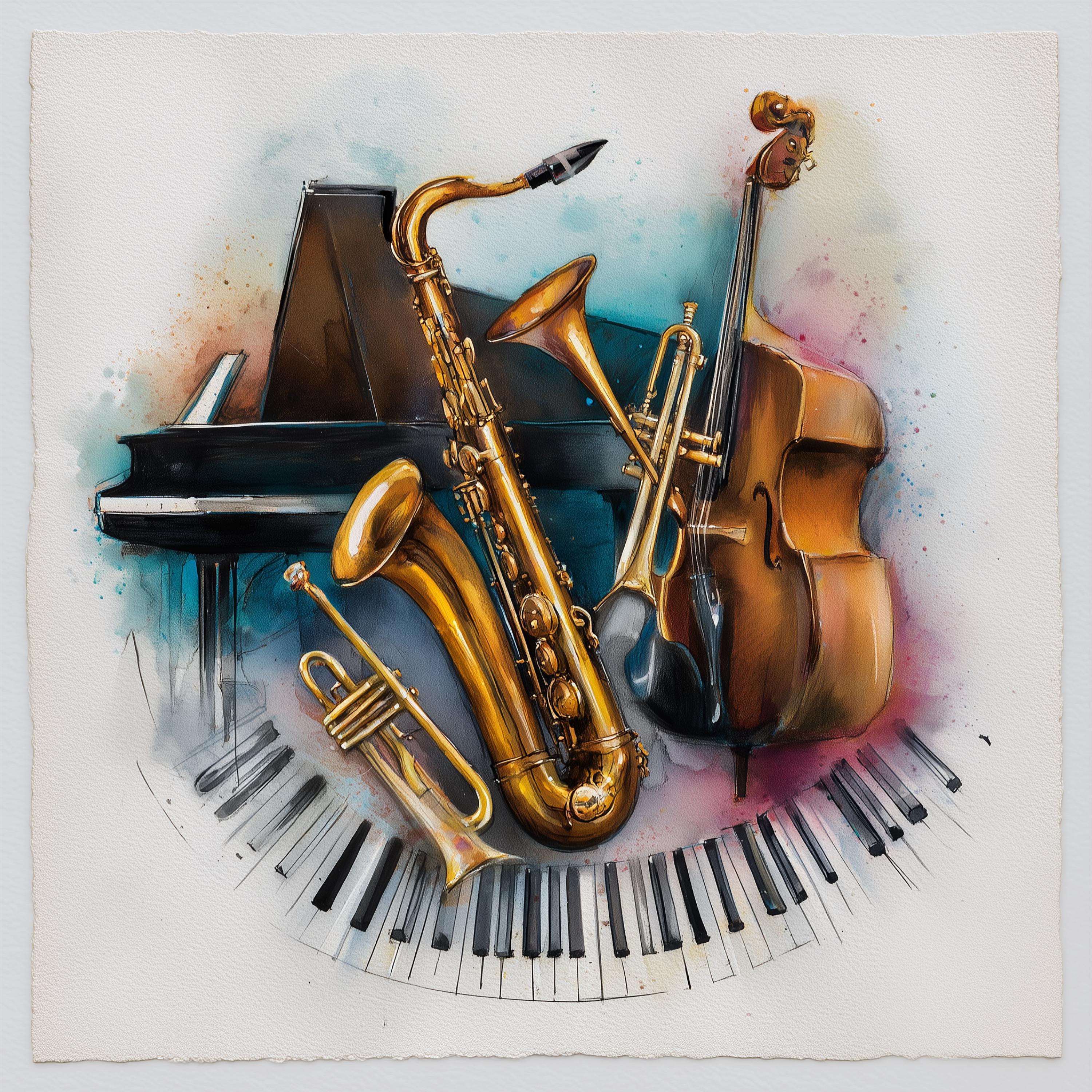 Watercolor Jazz Instruments Clipart: Piano, Saxophone, Trumpet