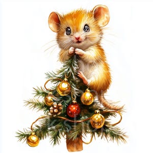 8 cliparts de souris d'arbre de Noël, art aquarelle de décoration d'hiver de souris, carte postale imprimable, autocollant, scrapbooking, sublimation, téléchargement numérique