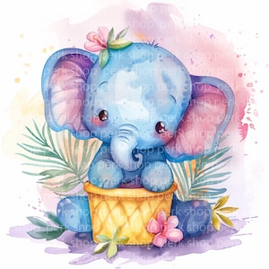 9 graziosi clipart di elefantini / animali della giungla colorati ad acquerello jpg / arte per la cameretta dei bambini, baby shower, decorazioni per bambini, album di ritagli, stampabili, digitali