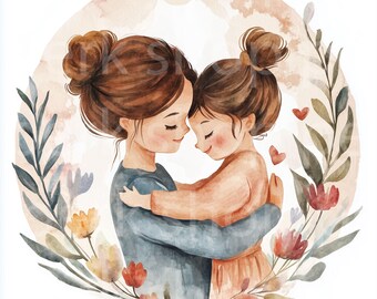 お母さんと一緒(水彩画 ) 母と子の水彩画クリップアートセット：ママの愛のイラスト（デジタル