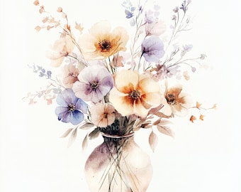 Clipart de ramo de flores en acuarela: arreglo floral en tonos pastel suaves (JPG)