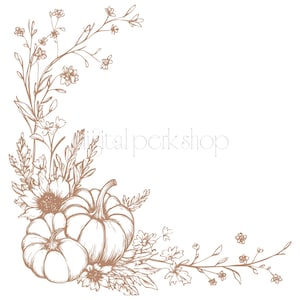 Puede incluir: Ilustración en tonos sepia con calabazas, girasoles y elementos florales. El diseño incluye dos calabazas, un girasol y varias hojas y flores, dispuestas en una composición de esquina. El texto "digital perk shop" es visible.
