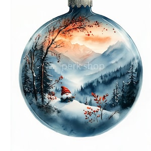 Gnomo navideño en adorno, acuarela de Papá Noel con paisaje invernal, álbum de recortes imprimible, diario basura, descarga digital, decoración de papel artesanal