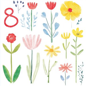 Clipart dell'8 marzo, acquerello di 8 fiori primaverili, clipart digitale della festa della donna, download immediato, scrapbooking primaverile, lavoretti di carta, primavera