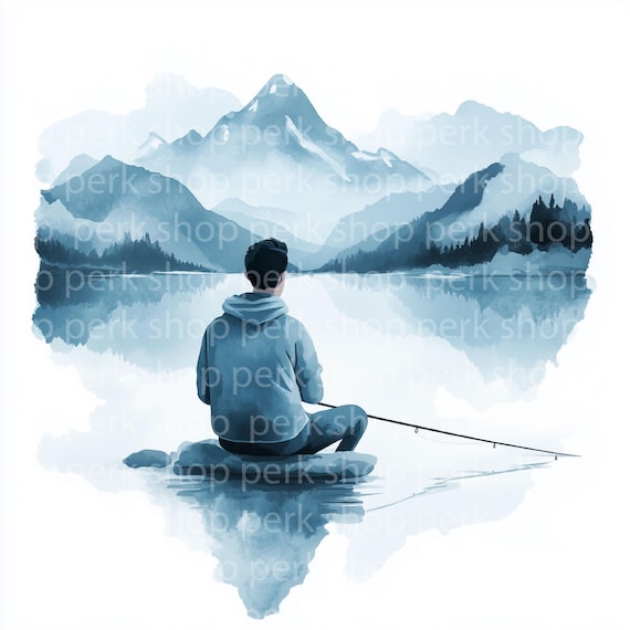 釣り人の水彩画クリップアート：ボートの風景画（デジタルダウンロード