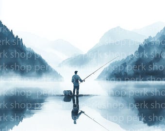 釣り人の水彩画クリップアート：ボートの風景画（デジタルダウンロード