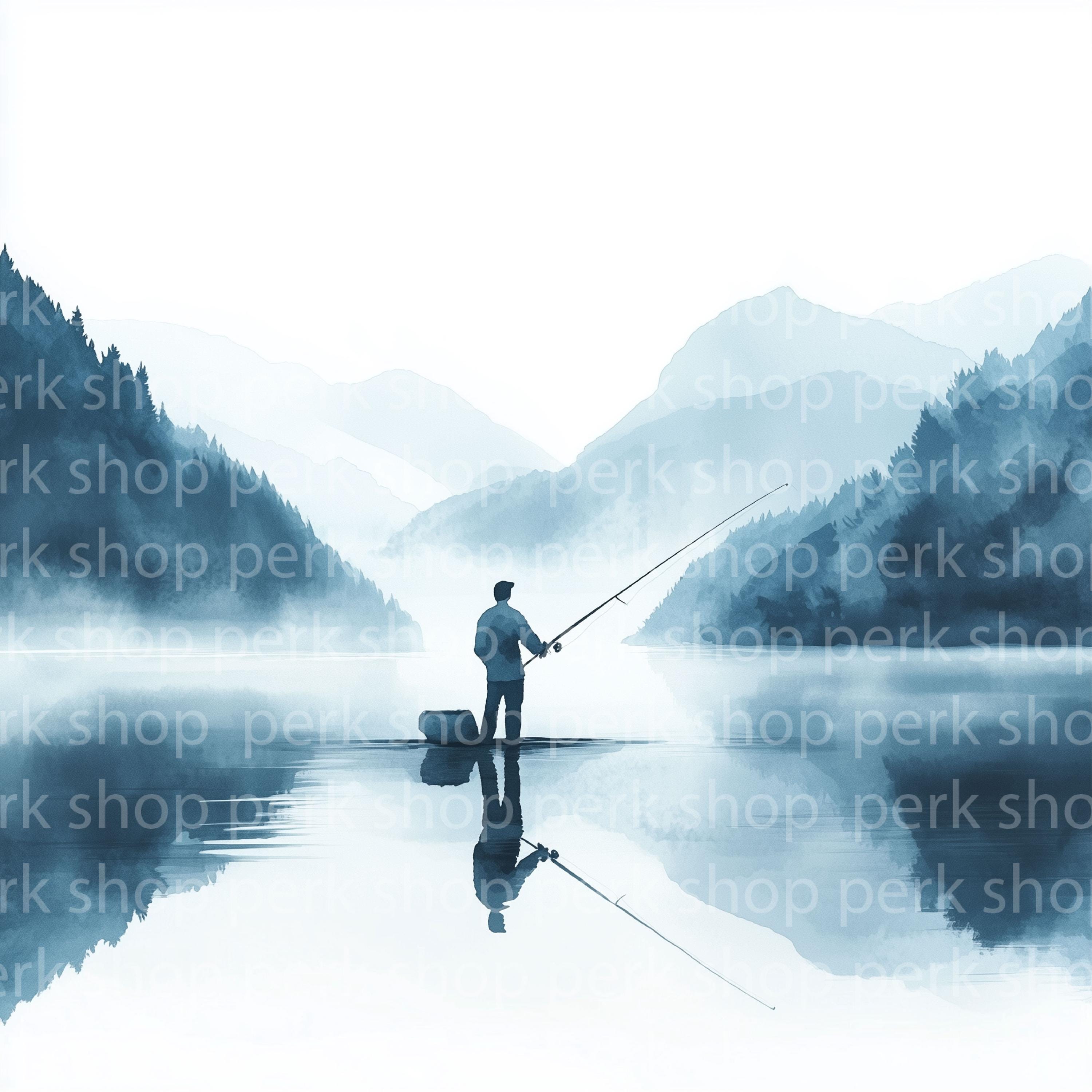 釣り人の水彩画クリップアート：ボートの風景画（デジタルダウンロード