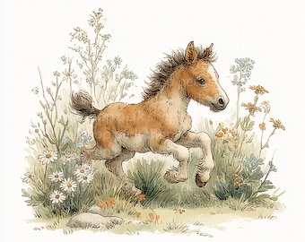 Watercolor Baby Horse Clipart | Foal Floral Illustration, Cute Pony Art Print | Farm Animal Nursery Wall Art | Boho Wildflower Horse Digital