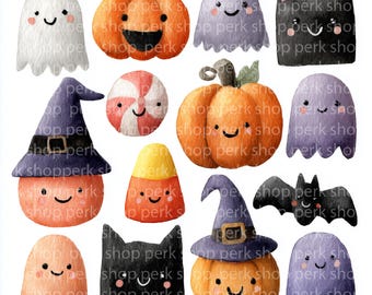 Kawaii Halloween Clipart | Watercolor Ghost, Pumpkin, Candy (PNG)