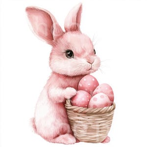 Rosa Ostern Clipart, Frühling Hase mit Korb Blumen, Scrapbooking Bastelpapier, Kartenaufkleber, Eiersuche, Osterkarte, Osterdekoration