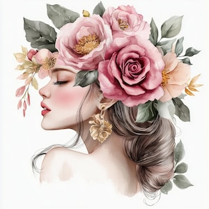 8 bloemen vrouw clipart, bloemen kapsel aquarel clipart, bloemenmeisje afdrukbare kunst, digitale download print, plakboek, hoogwaardige jpg's