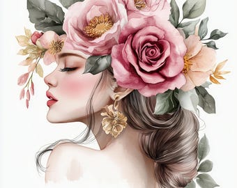花柄の女性の水彩画クリップアート：フラワーガールアート（デジタル
