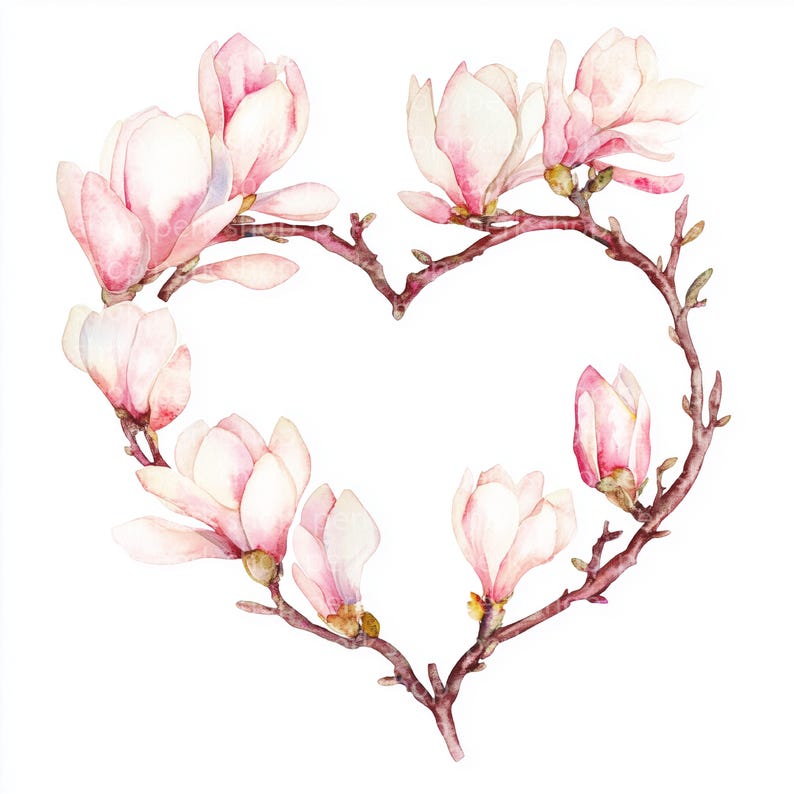 Magnolia Floral Heart Wreath Clipart: Watercolor Spring Flowers ...