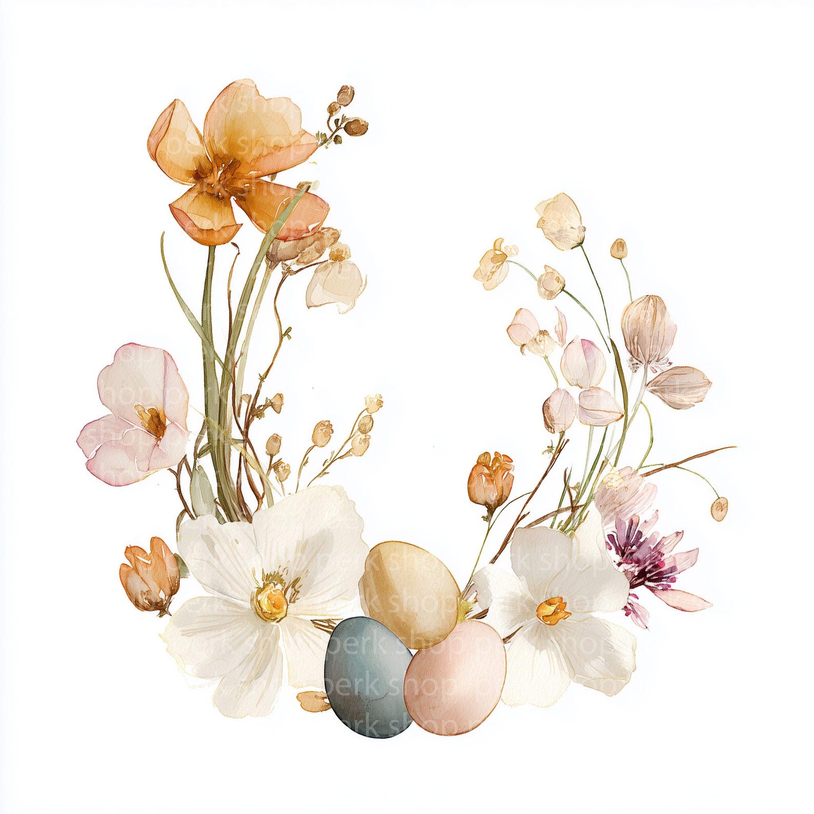 9 Easter Floral Wreath Clipart PNG, Watercolor Spring Flowers Eggs ...