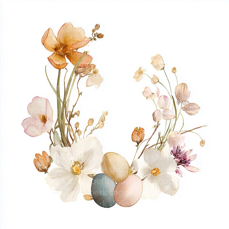 9 Easter Floral Wreath Clipart PNG, Watercolor Spring Flowers Eggs ...