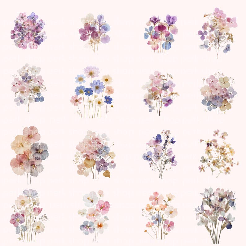 May include: A collection of sixteen distinct pressed flower arrangements featuring a variety of blossoms in shades of purple, pink, blue, yellow, and white. Each bouquet is composed of delicate petals and thin stems, displayed in a grid pattern.