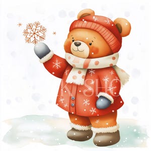 17 Teddy Bear catch winter snowflakes clipart, Watercolor cute cartoon Christmas printable clip art, Crafts card paper, digital download jpg