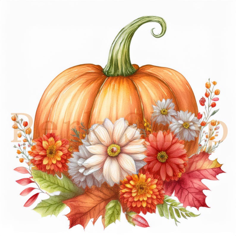 Pumpkin Floral Watercolor Clipart: Boho Fall Design (digital Download ...