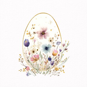 Könnte beinhalten: Aquarell-Illustration eines Ostereis mit goldenem Umriss, gefüllt mit bunten Blumen. Die Blumen zeigen Farbtöne von Rosa, Blau, Lila und Gelb. Der weiße Hintergrund erzeugt eine weiche und zarte Ästhetik.