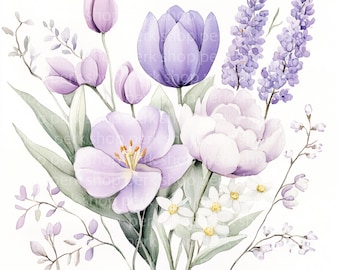 Watercolor Spring Tulip Clipart: Floral Bouquet Graphics (JPG/PNG)