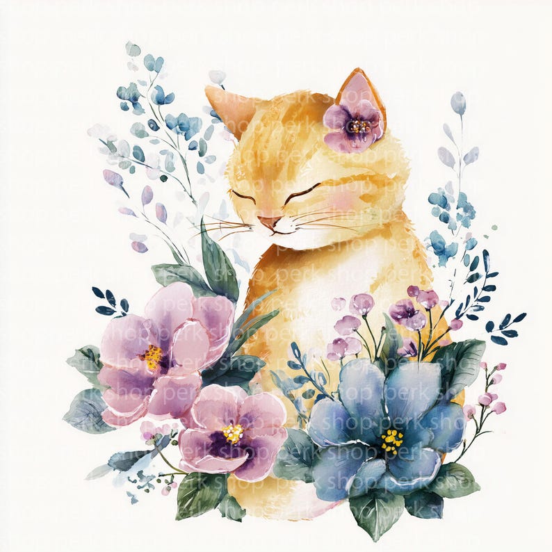 Watercolor Floral Cat Clipart Set, Premade Cute Kitten Graphics, Spring ...