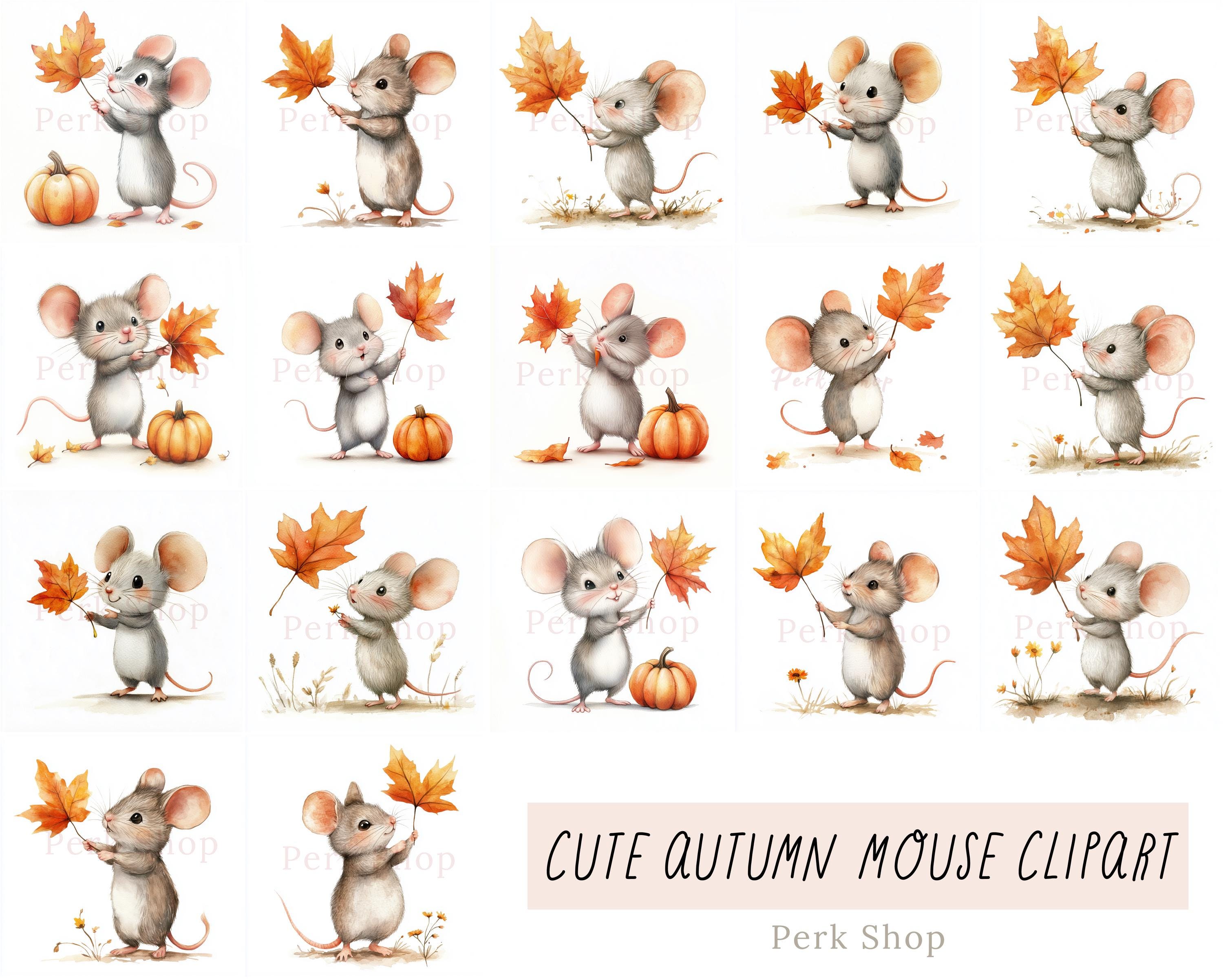 Watercolor Mouse Clipart: Autumn Leaf & Pumpkin Designs (digital