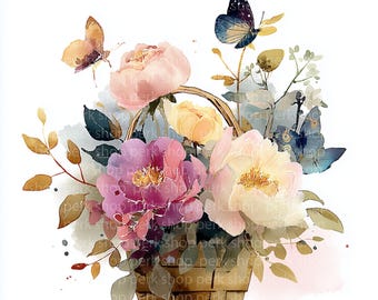Watercolor Flower Basket Clipart, Spring Floral, Butterfly Illustration, Junk Journal Scrapbook (Digital Download)