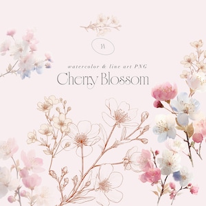 Puede incluir: Imagen PNG de acuarela y arte lineal con ramas de flores de cerezo en tonos rosa, blanco y azul claro. La imagen incluye el texto "Cherry Blossom" y el número "14".